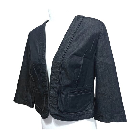 Black Cropped Denim Cardigan Jacket With 3/4 Sleeves New York Clothing Co Sz Med - Picture 2 of 8